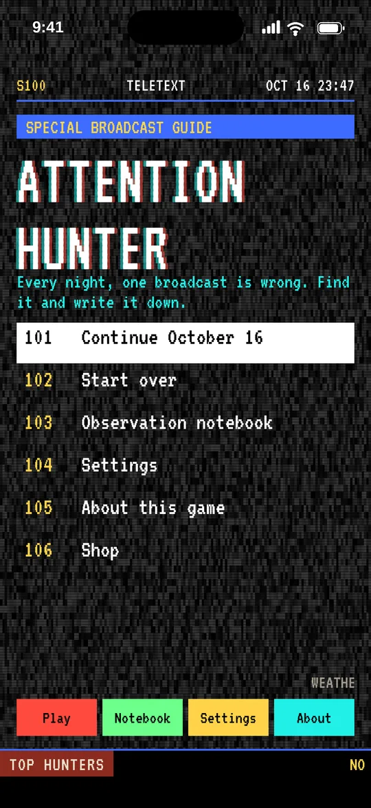 Title screen with the teletext menu
